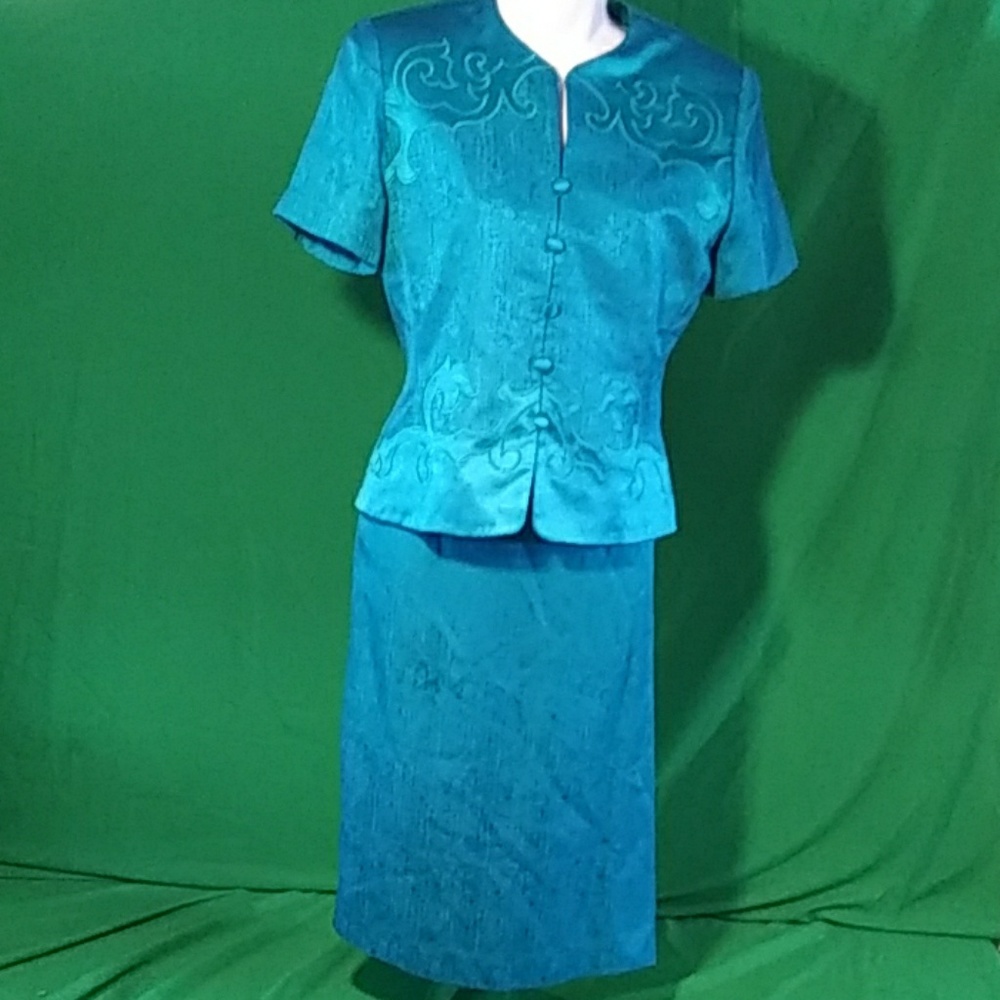 Adrianna papell sz 4P teal silk skirt suit